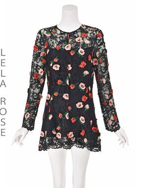LELA ROSE Vintage Black Guipure Lace Mini Dress w/Floral Appliques SZ10